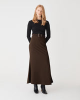 Caris Flared Maxi Skirt in chocolate — full-length view