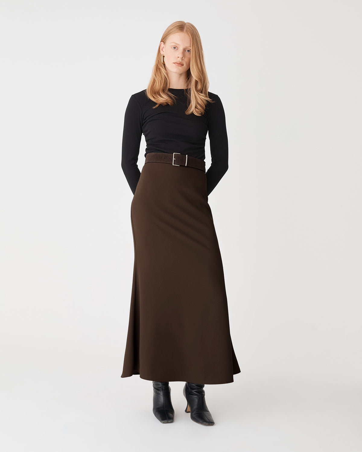 Caris Flared Maxi Skirt in chocolate — full-length view