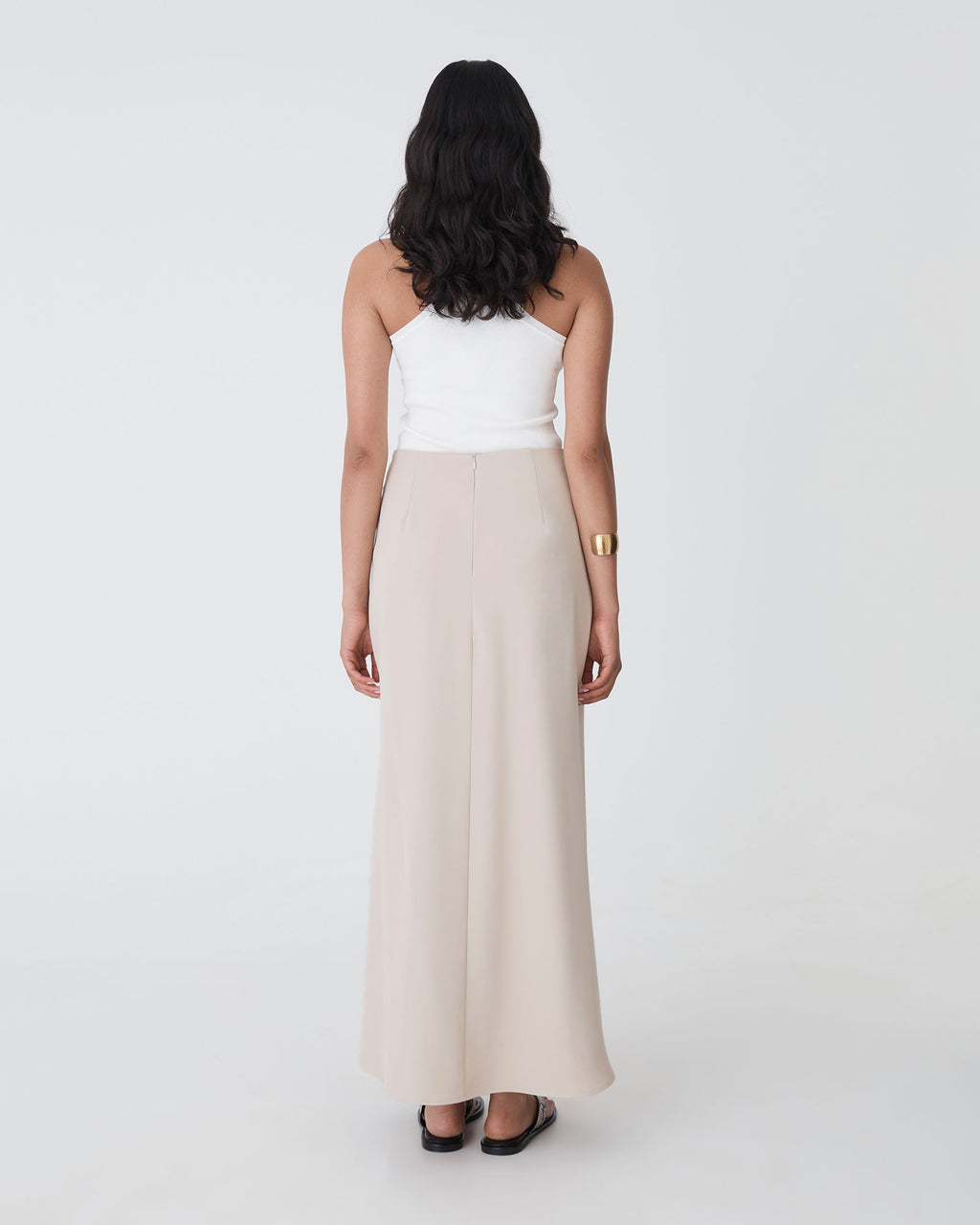 Caris Flared Maxi Skirt in greige — back view