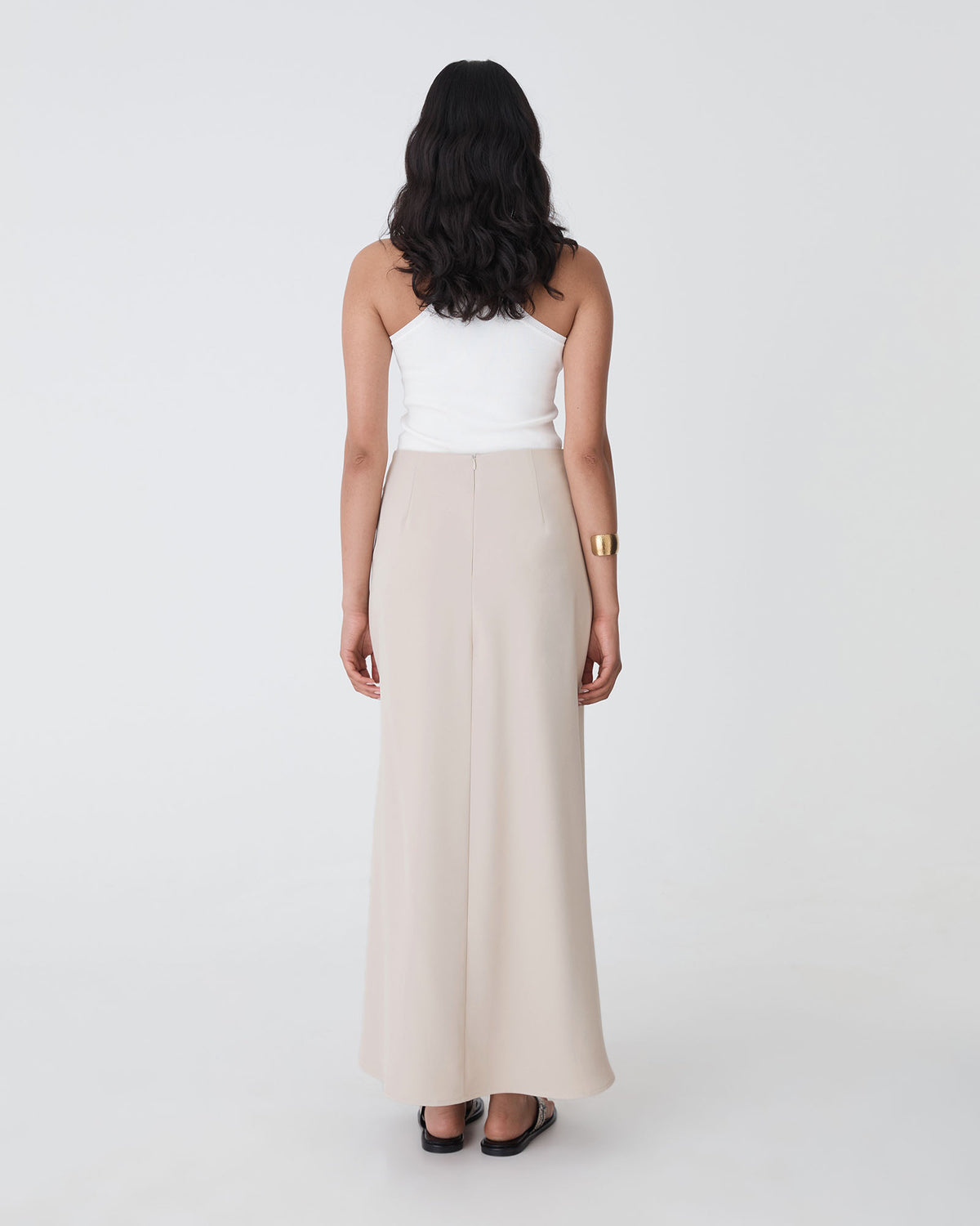 Caris Flared Maxi Skirt in greige — back view