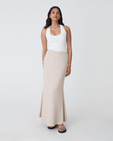 Caris Flared Maxi Skirt in greige — full-length view