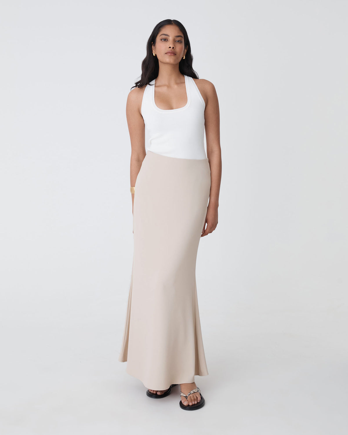 Caris Flared Maxi Skirt in greige — full-length view