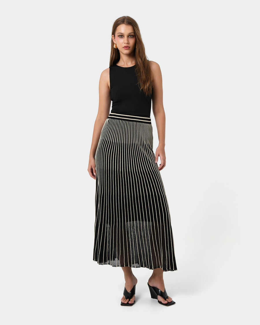 Lucy Pleat Knit Midi Skirt in black gold — full-length view