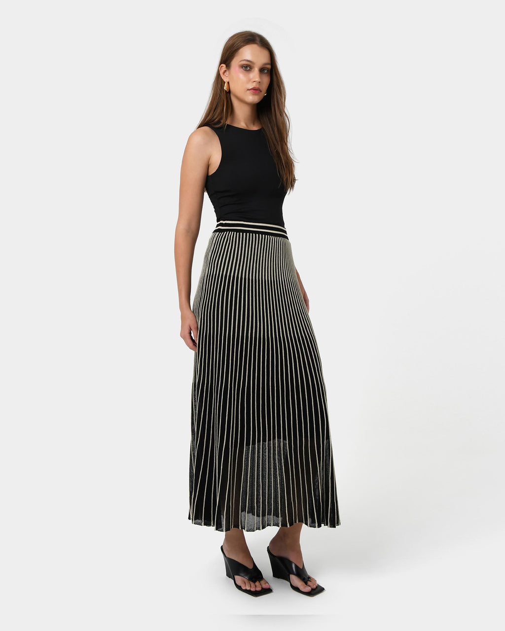 Lucy Pleat Knit Midi Skirt in black gold — full-length view 2