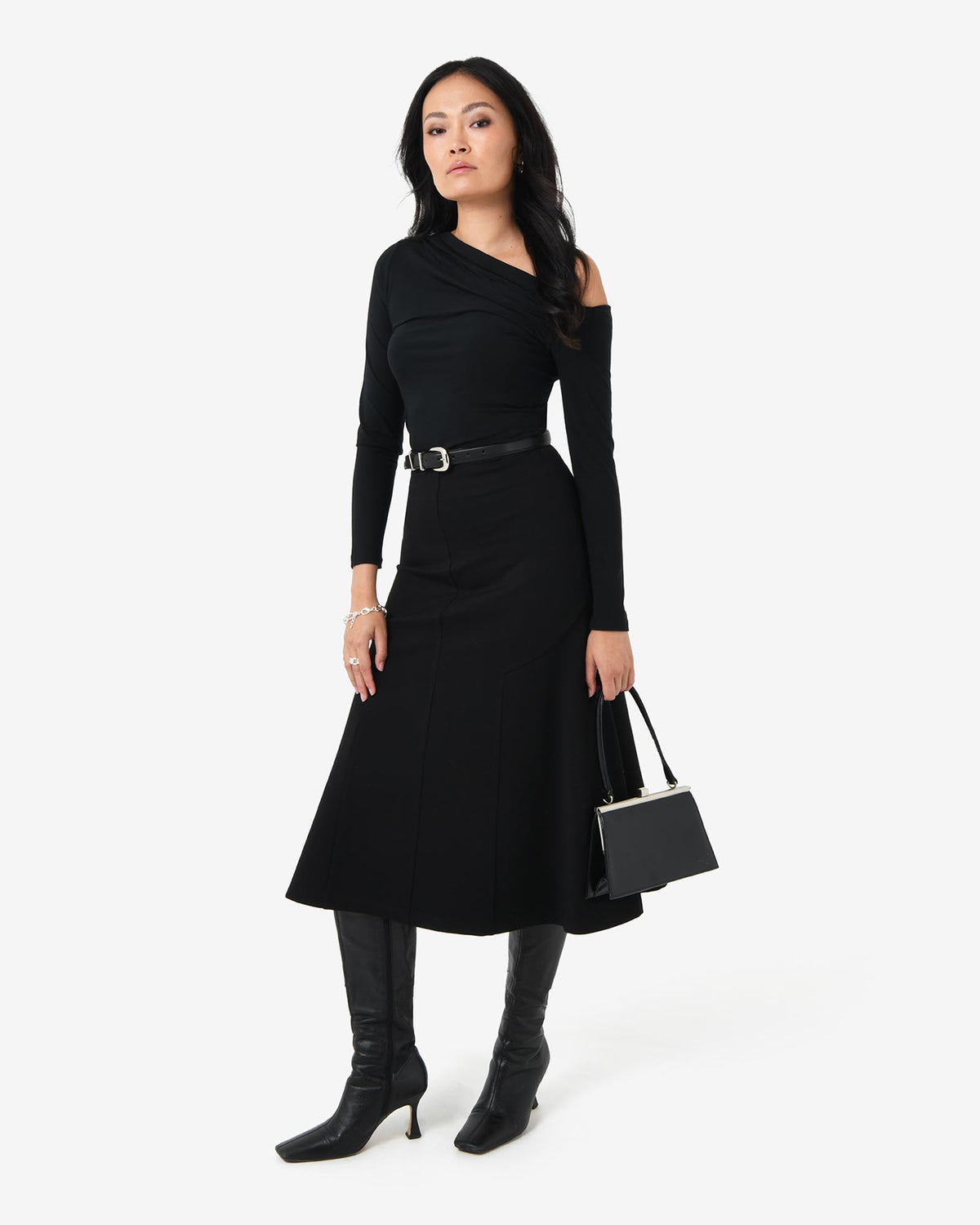 Adele Side Panel Midi Skirt in black — full-length view
