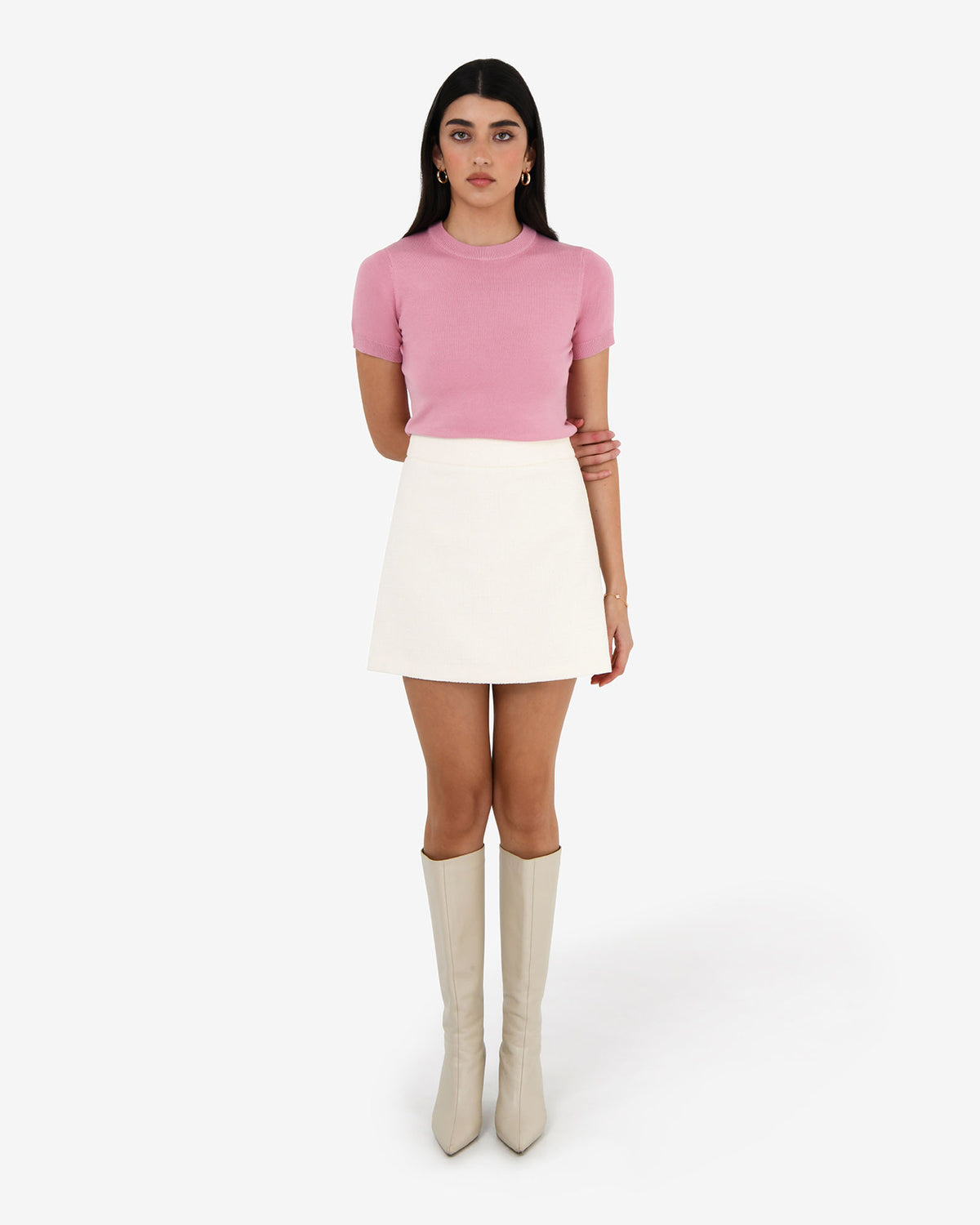 Cynthia Tweed Mini Skirt in ivory — full-length view