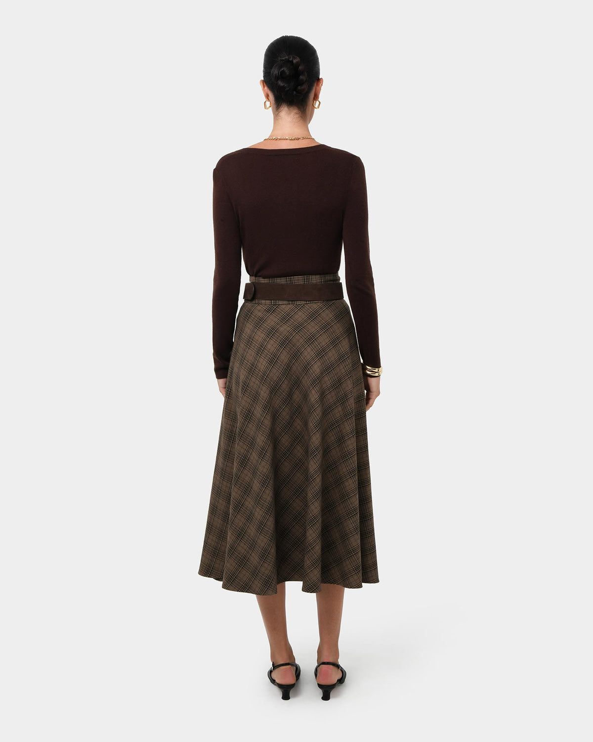Candice Bias Check Skirt in brown checks — back view