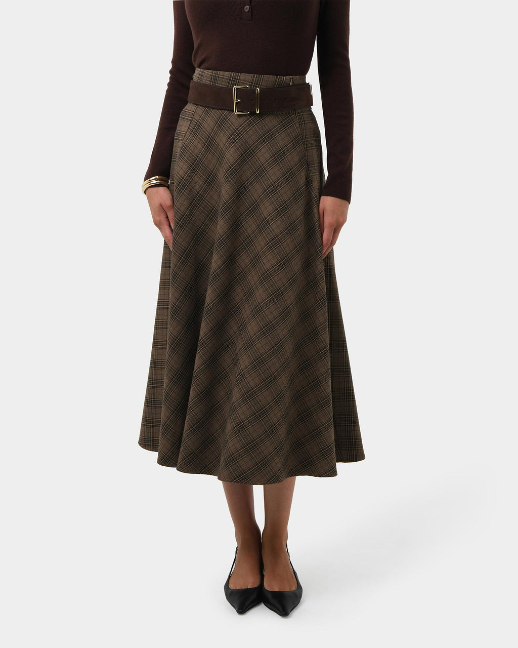 Candice Bias Check Skirt in brown checks — close-up view