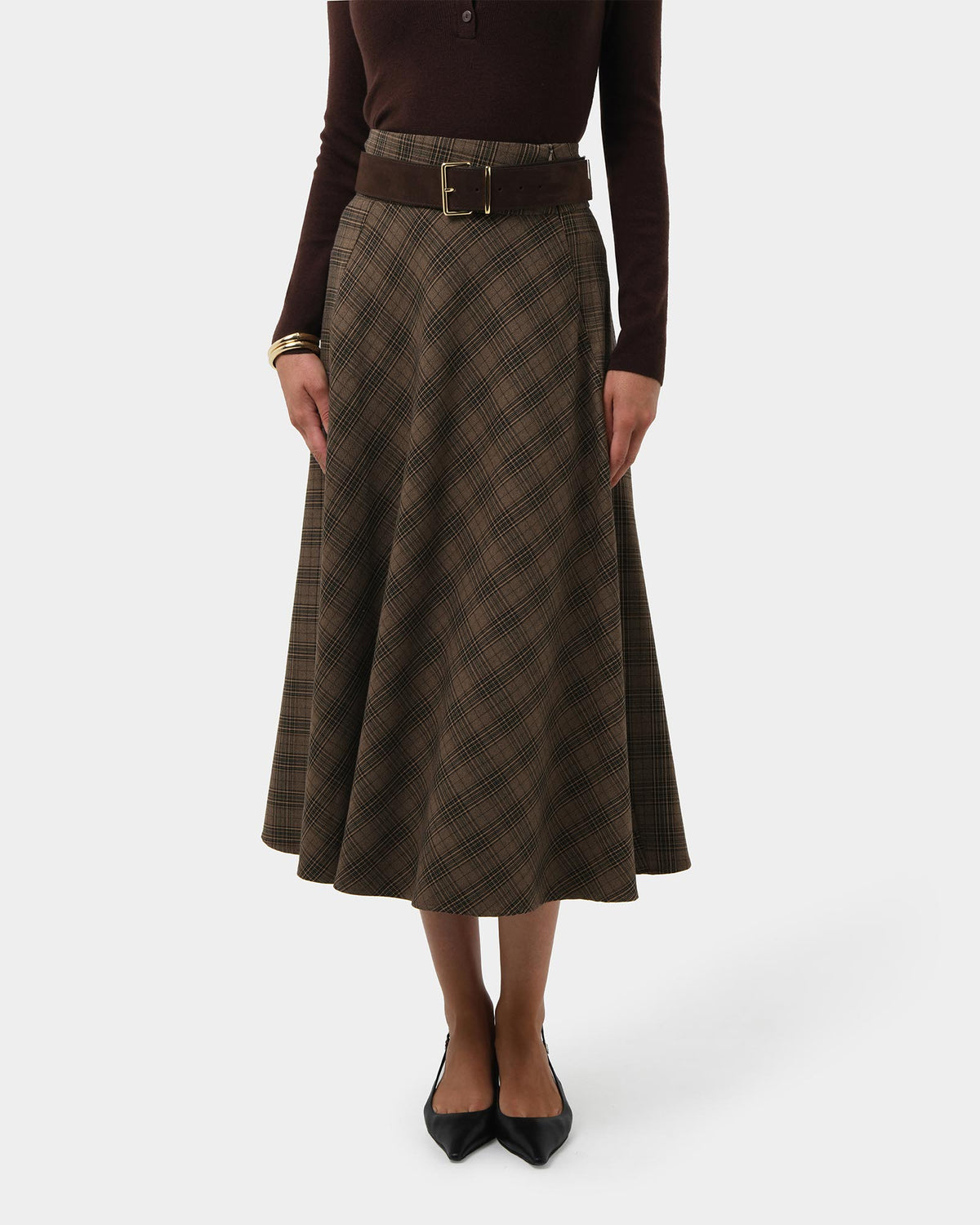 Candice Bias Check Skirt in brown checks — close-up view