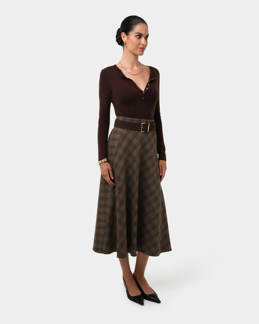 Candice Bias Check Skirt in brown checks — full-length view