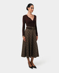 Candice Bias Check Skirt in brown checks — full-length view