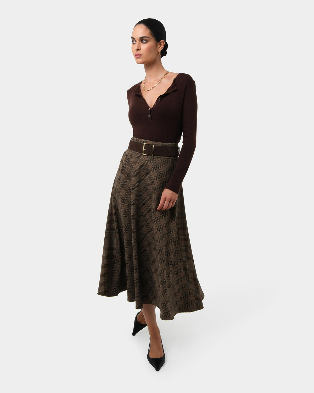 Candice Bias Check Skirt in brown checks — side view