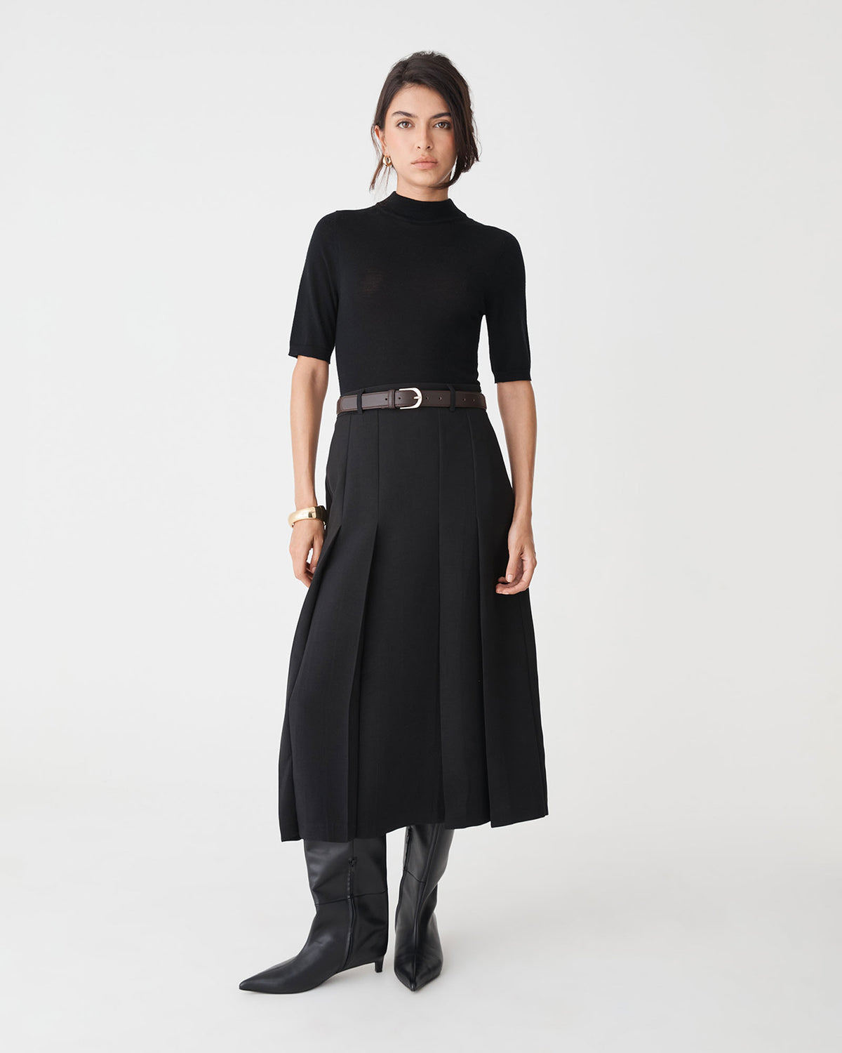 Evelyn Pleated Skirt in black — full-length view