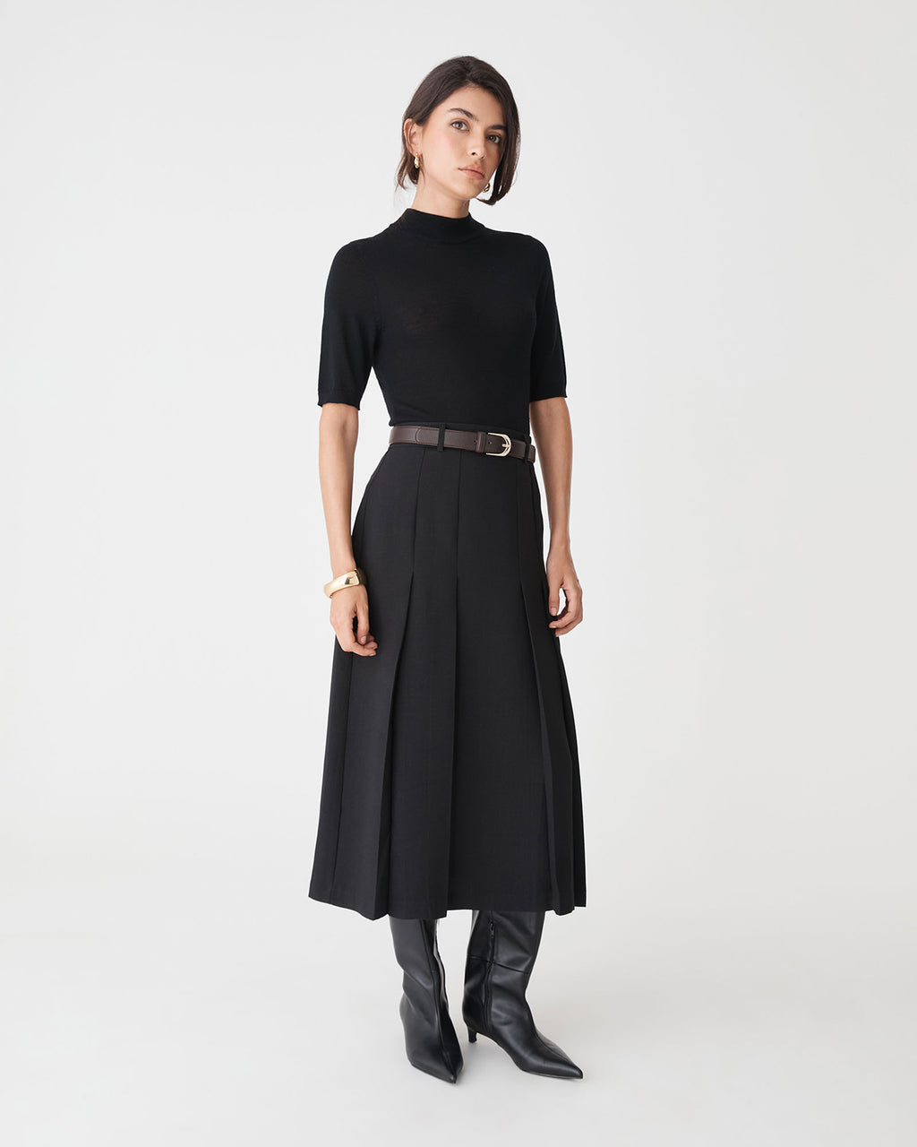 Evelyn Pleated Skirt in black — full-length view 3