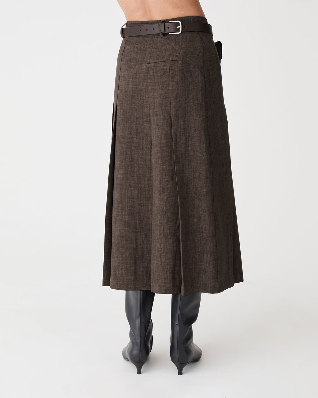 Evelyn Pleated Skirt in brown melange — back view