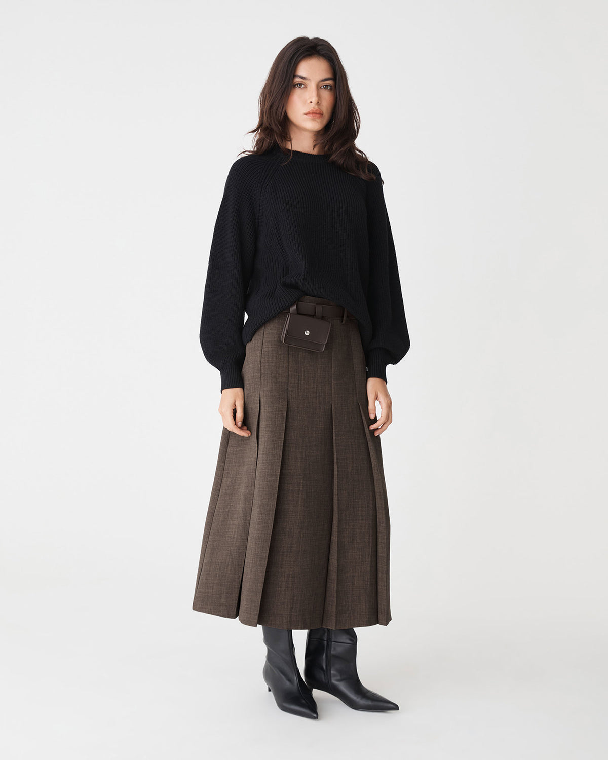 Evelyn Pleated Skirt in brown melange — full-length view 2