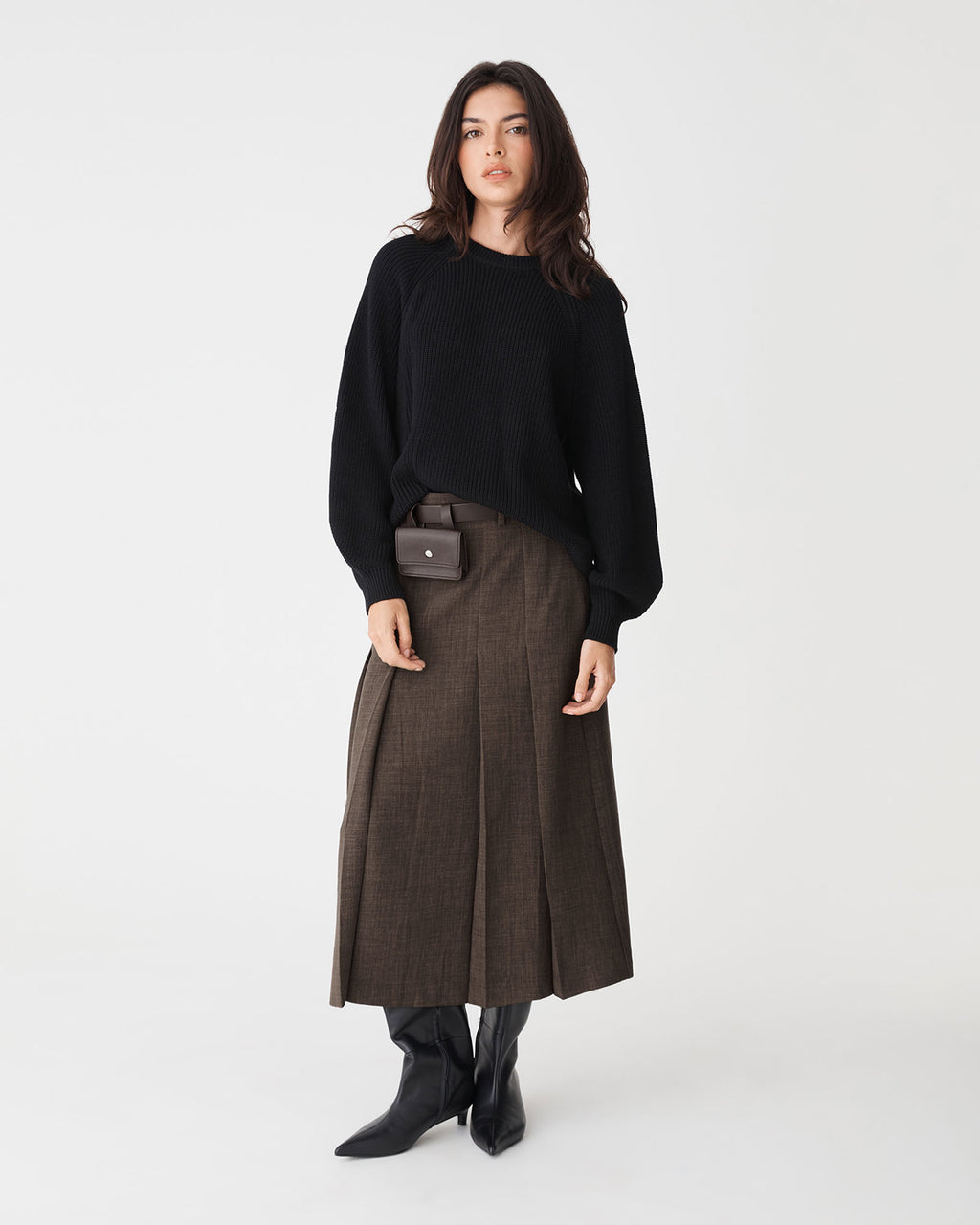 Evelyn Pleated Skirt in brown melange — full-length view 3