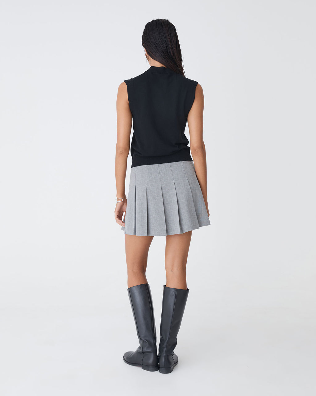 Kris Pleated Mini Skirt in grey check — back view