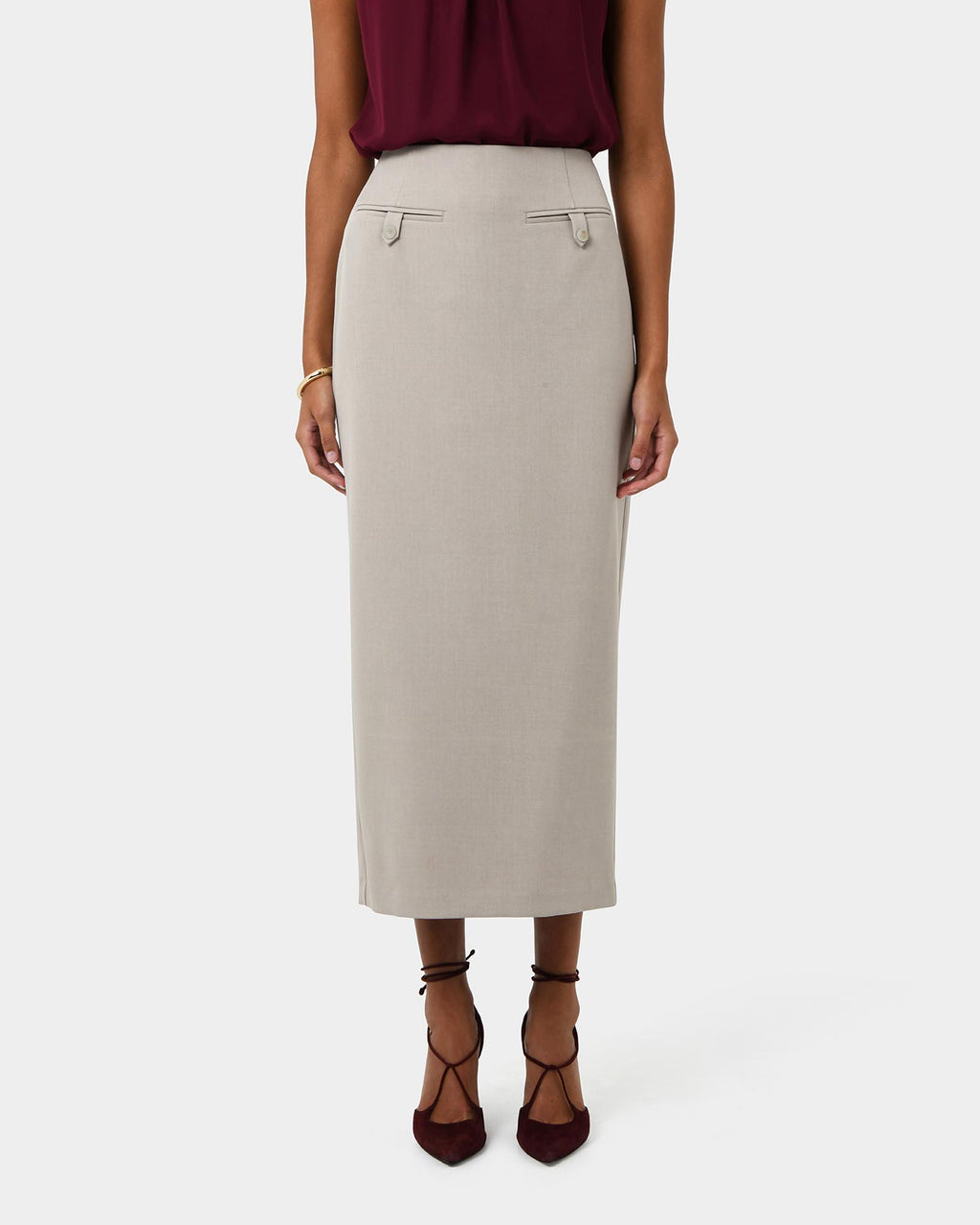 Milla Column Midi Skirt in stone — close-up view