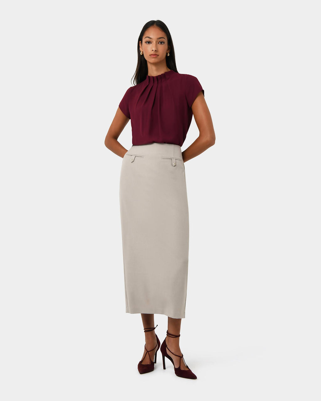 Milla Column Midi Skirt in stone — full-length view