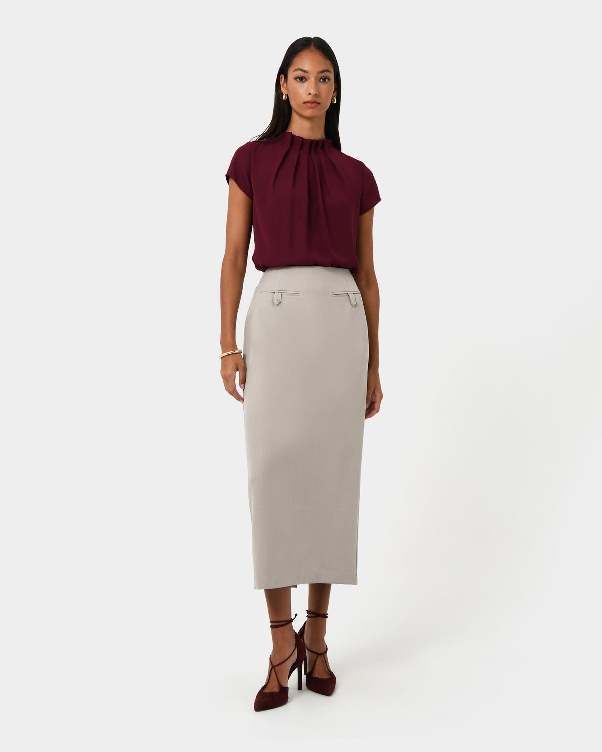 Milla Column Midi Skirt in stone — full-length view 2