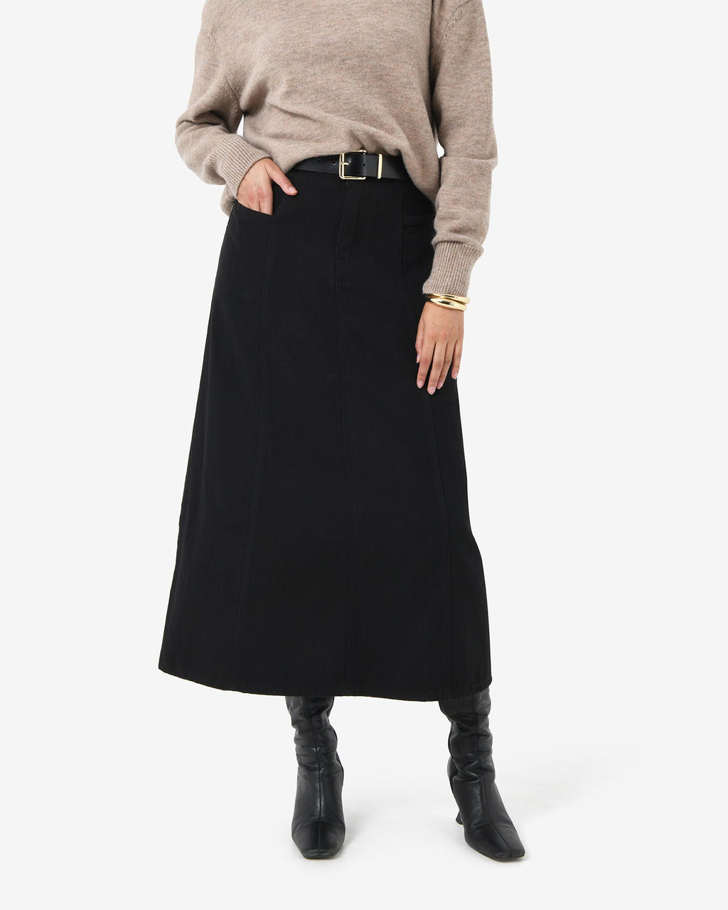 Sam Panel Denim Skirt in black — close-up view