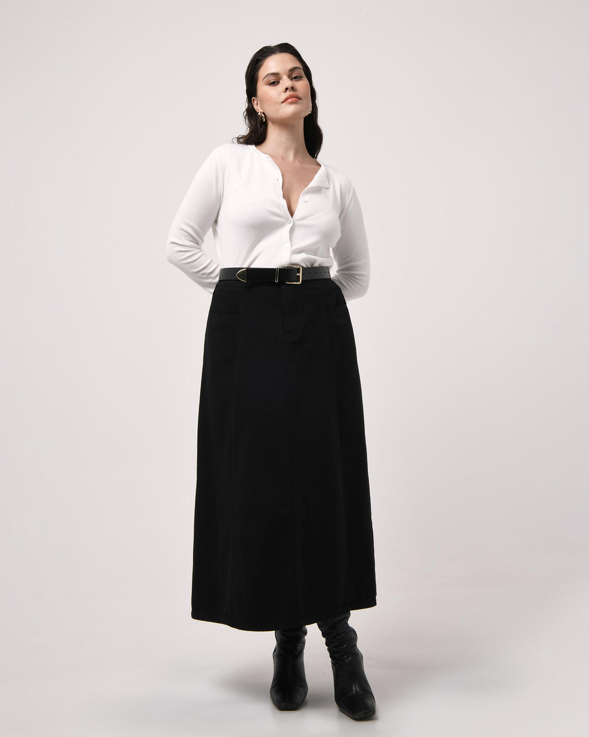 Sam Panel Denim Skirt in black — full-length view 2