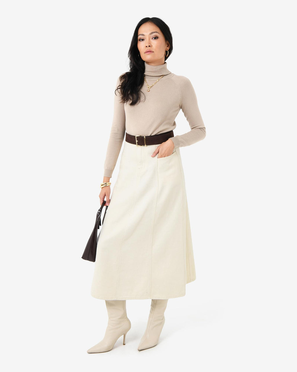 Sam Panel Denim Skirt in ecru — full-length view