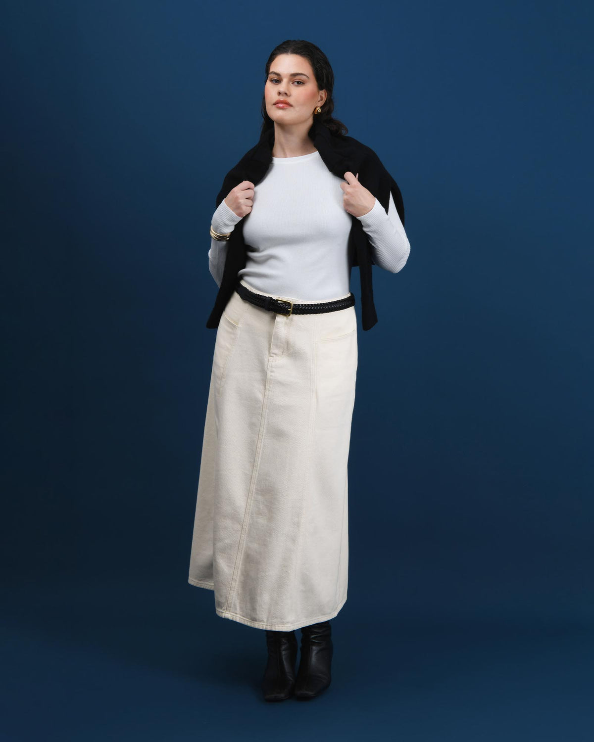Sam Panel Denim Skirt in ecru — full-length view 2