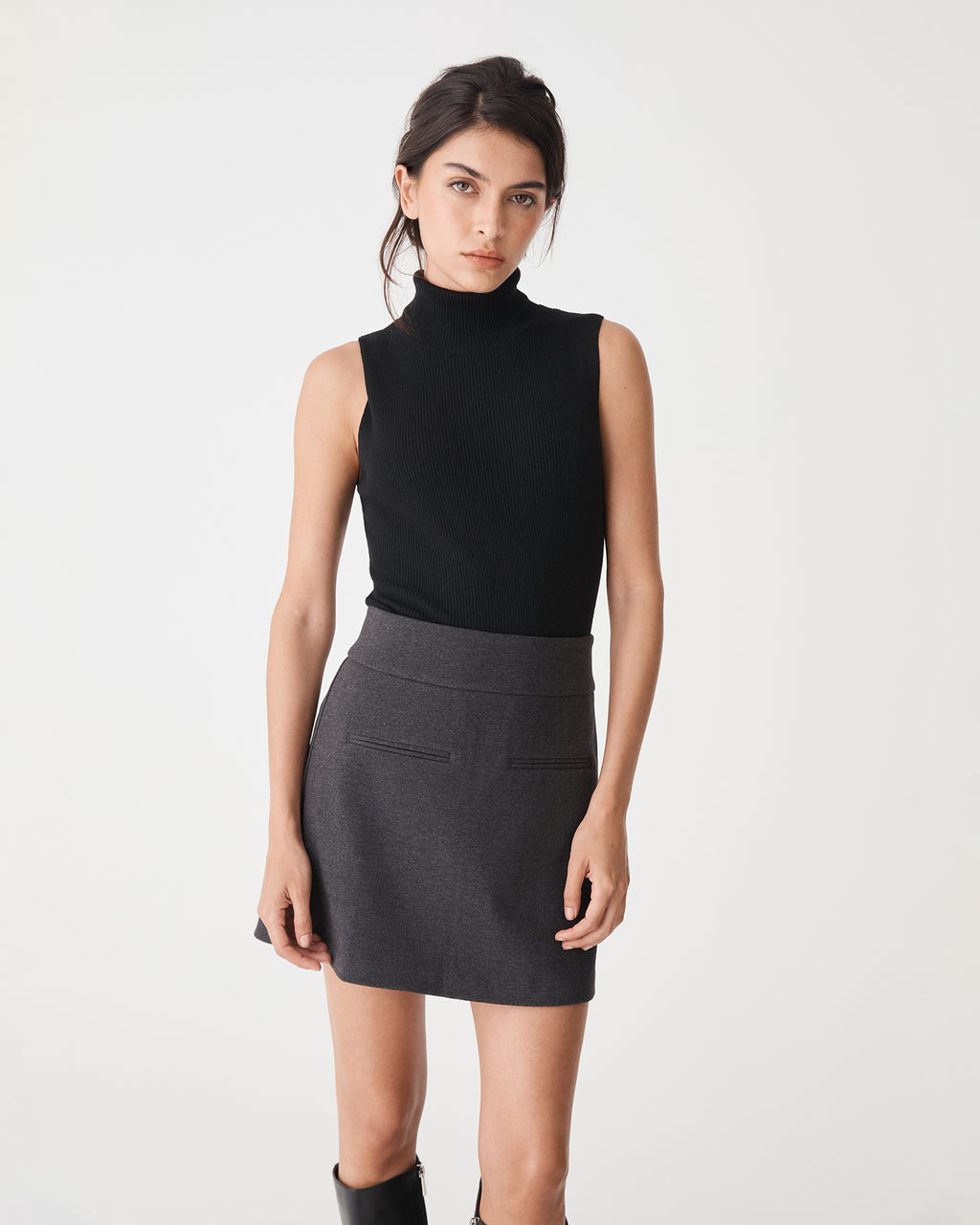 Lara A-Line Mini Skirt in charcoal — close-up view
