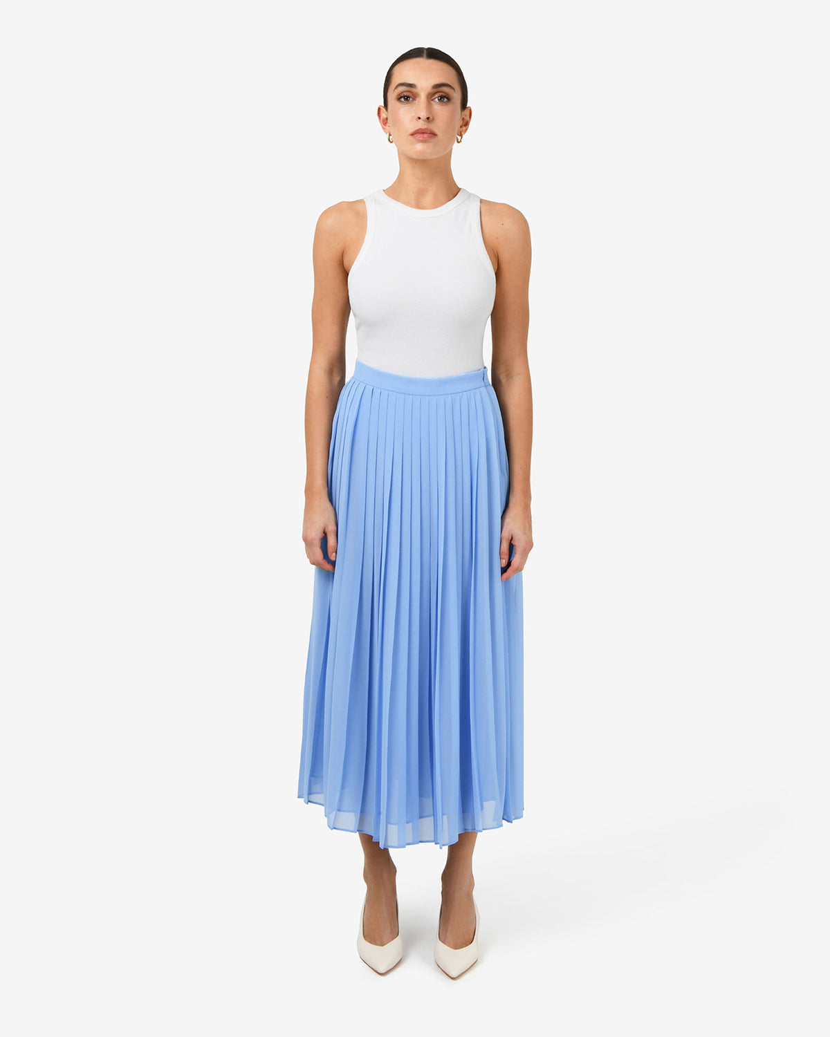 Melina Pleated Skirt in salt blue — full-length view