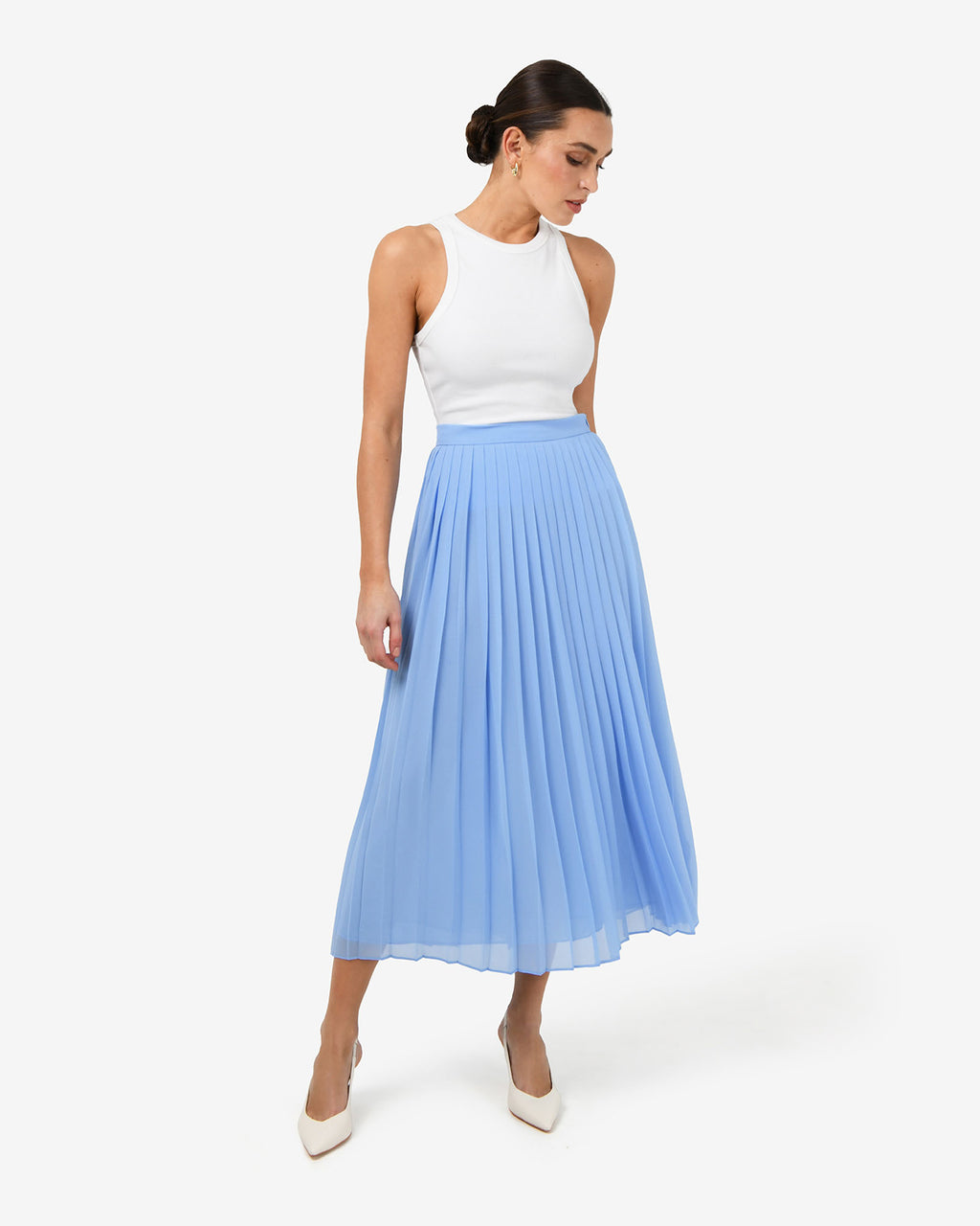 Melina Pleated Skirt in salt blue — full-length view 3