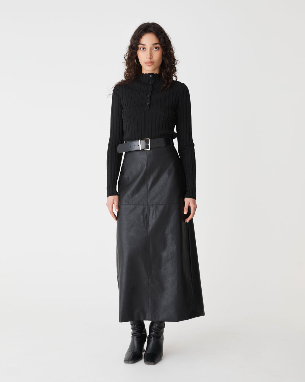 Giselle Panel PU Skirt in black — full-length view
