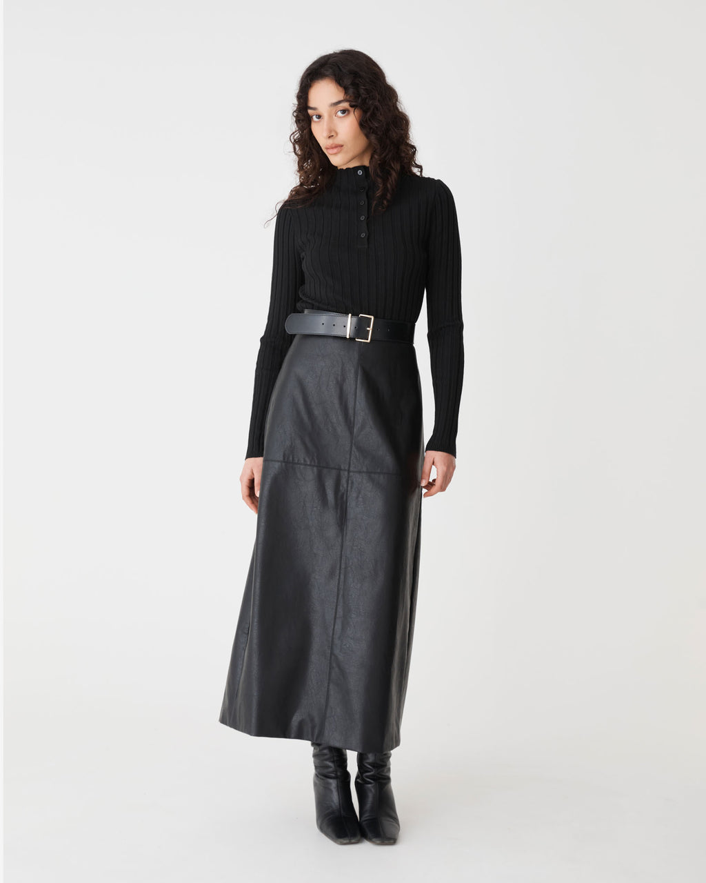 Giselle Panel PU Skirt in black — full-length view 2