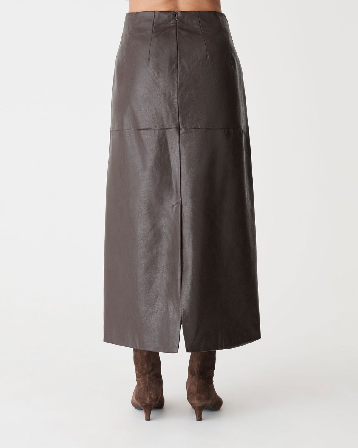 Giselle Panel PU Skirt in chocolate — back view