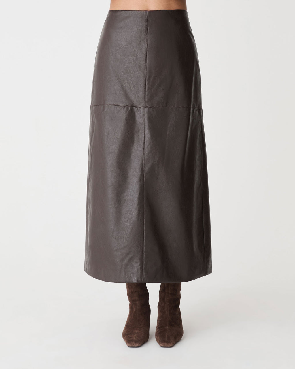 Giselle Panel PU Skirt in chocolate — close-up view