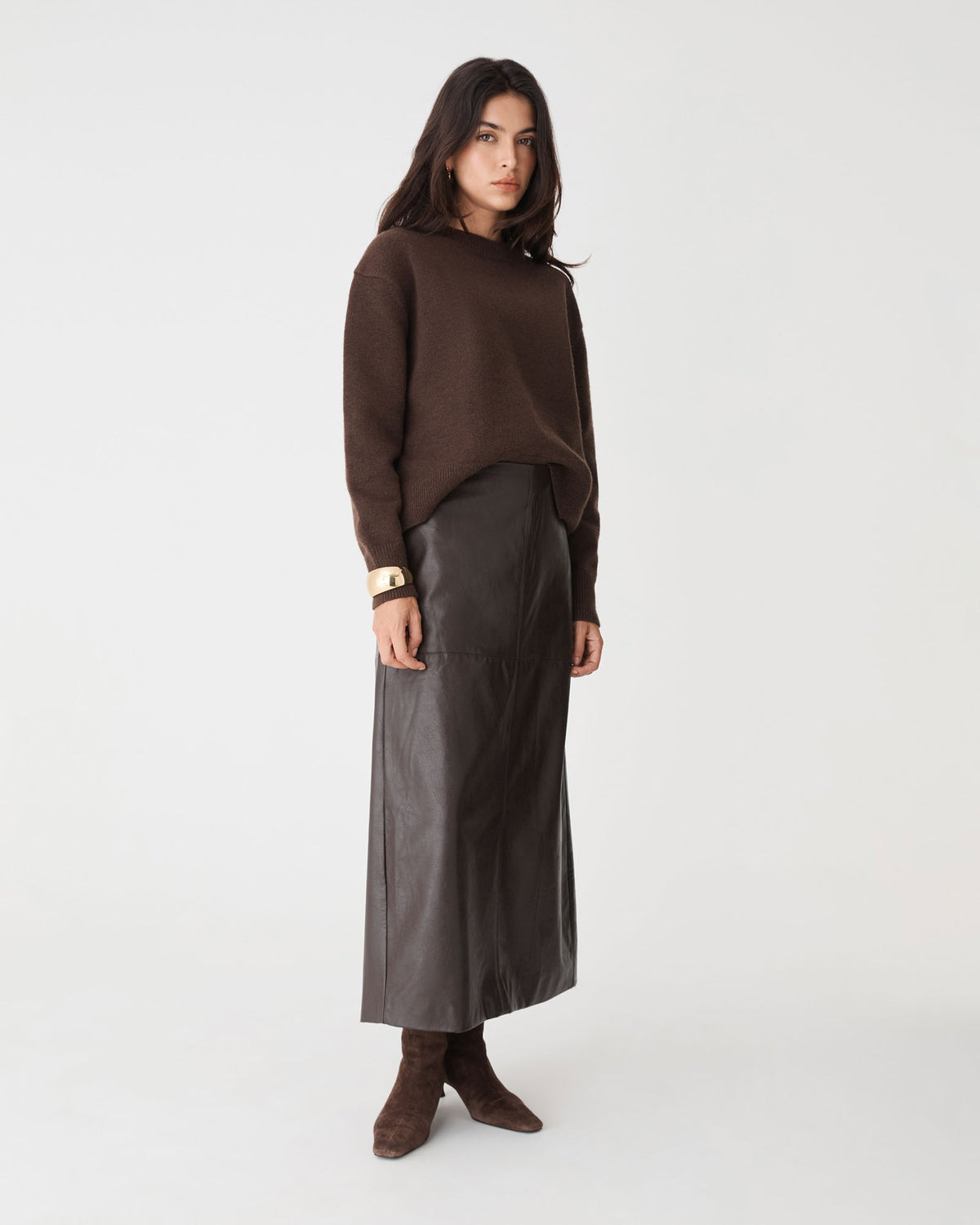 Giselle Panel PU Skirt in chocolate — side view