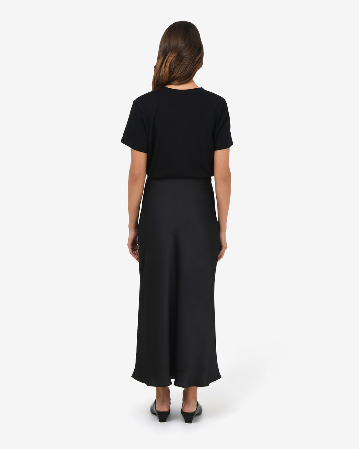 Valeria A-line Satin Skirt in black — back view