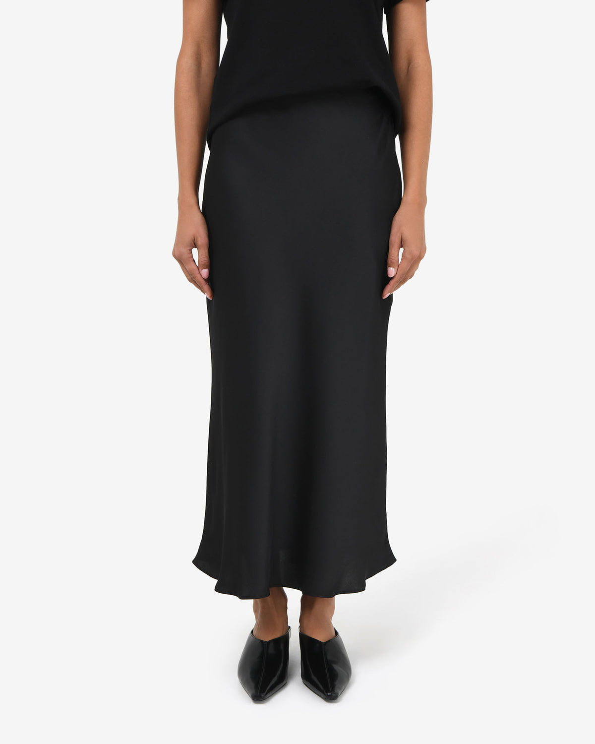 Valeria A-line Satin Skirt in black — close-up view