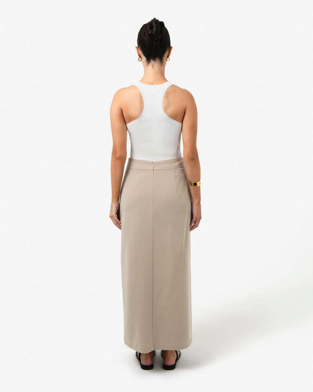 Milton Split Front Skirt in khaki — back view