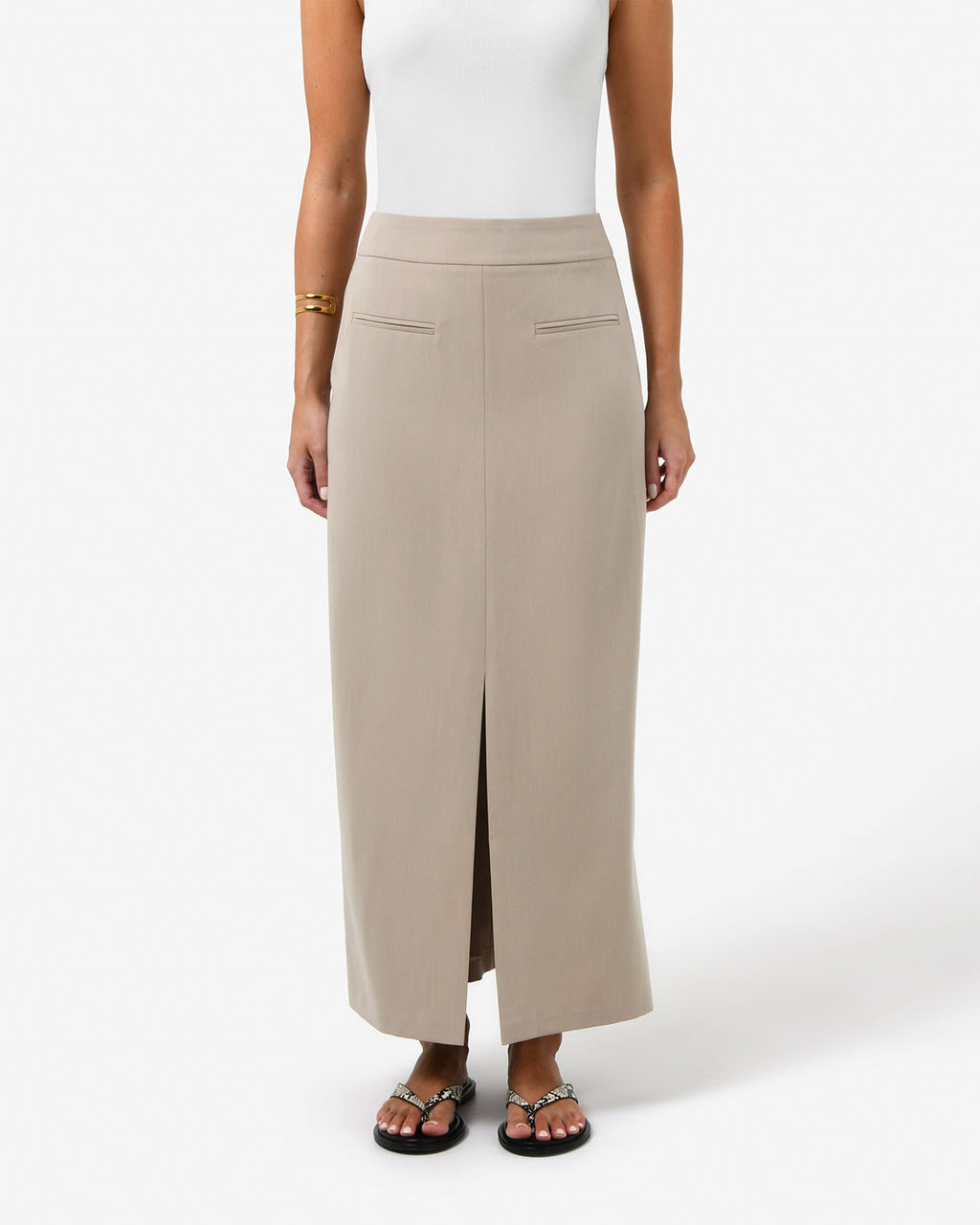 Milton Split Front Skirt in khaki — close-up view