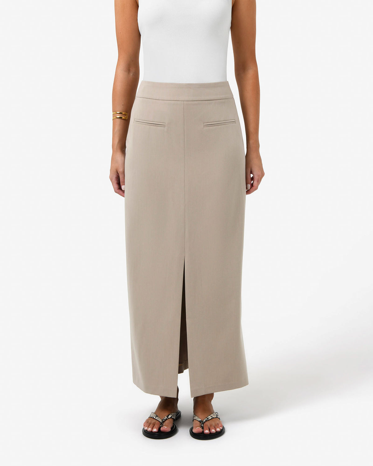 Milton Split Front Skirt in khaki — close-up view