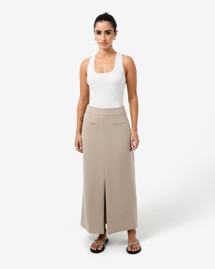 Milton Split Front Skirt in khaki — full-length view
