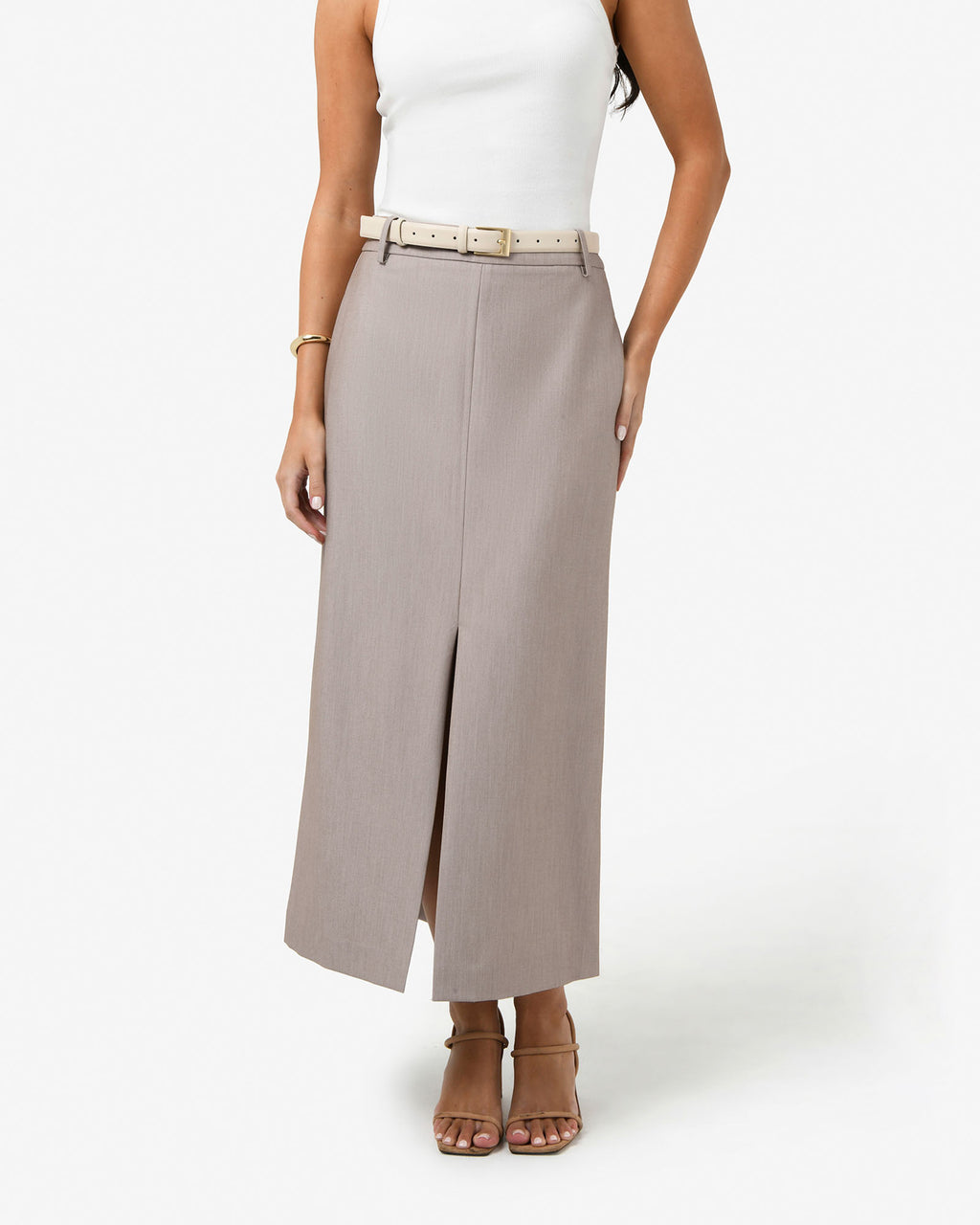 Fitzroy Column Skirt in oyster beige — close-up view