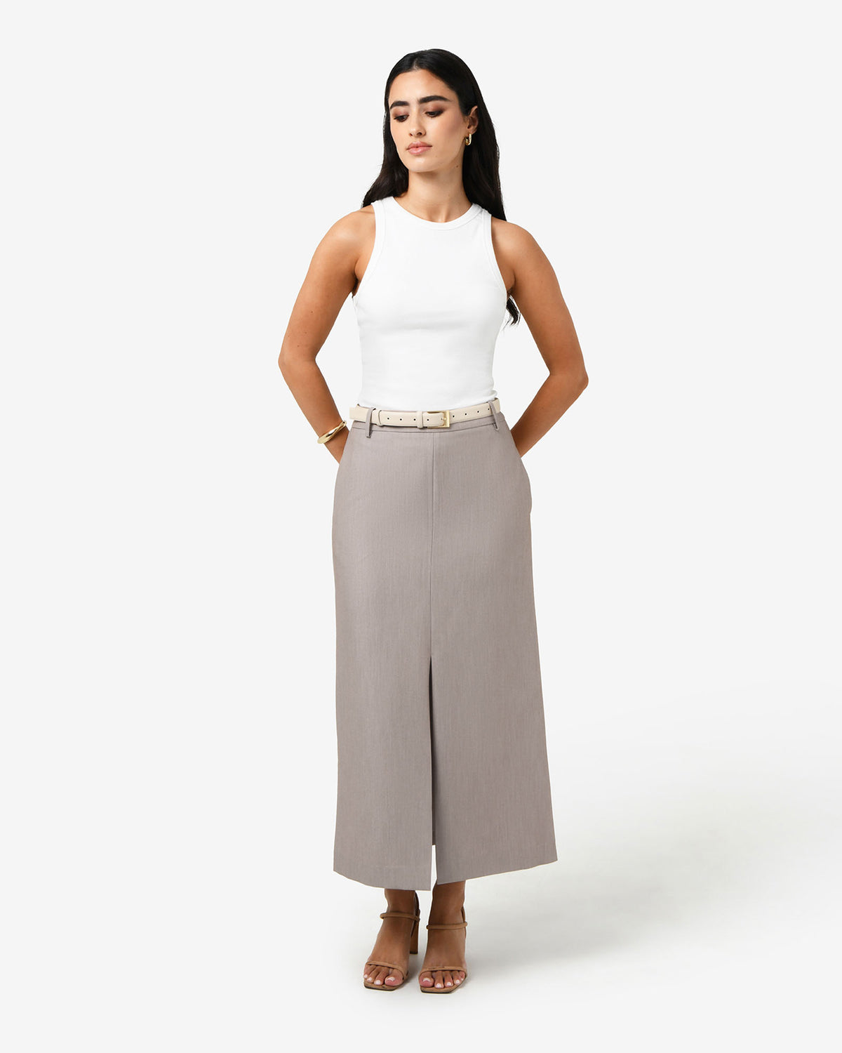 Fitzroy Column Skirt in oyster beige — full-length view
