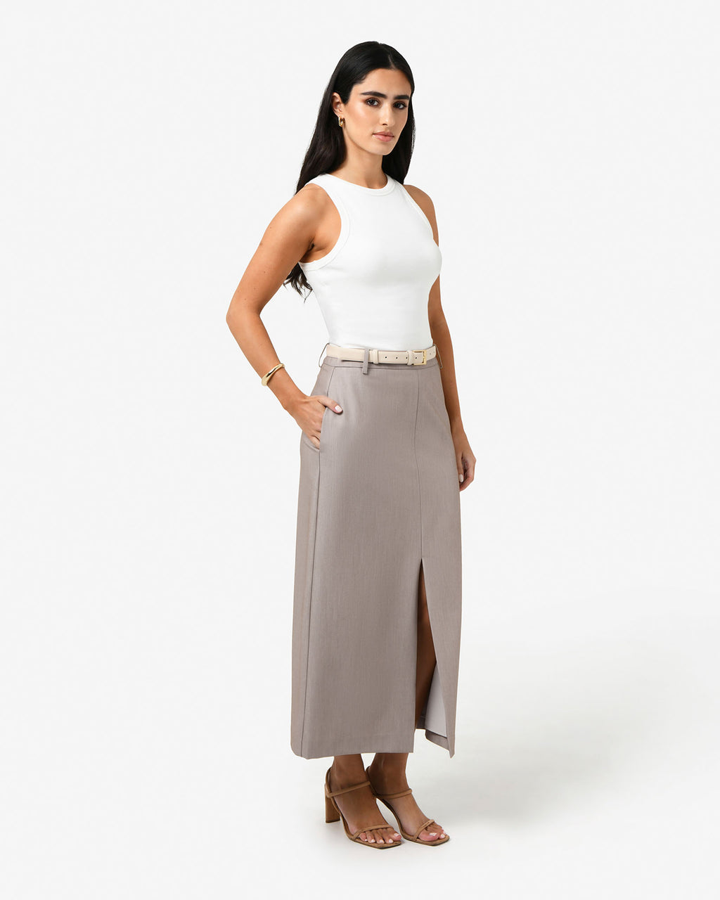 Fitzroy Column Skirt in oyster beige — side view