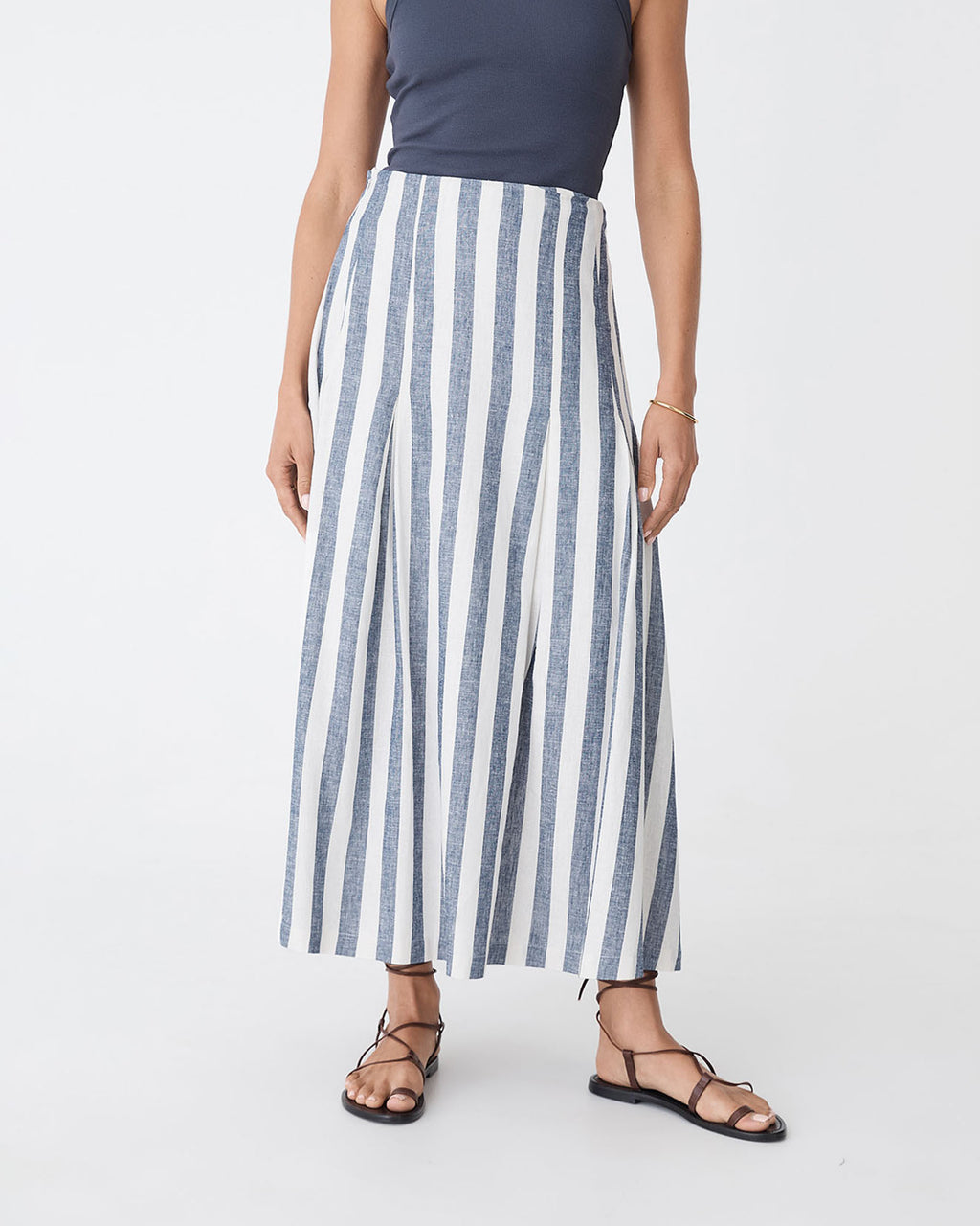Ikaria Linen Blend Midi Skirt in blue stripe — close-up view