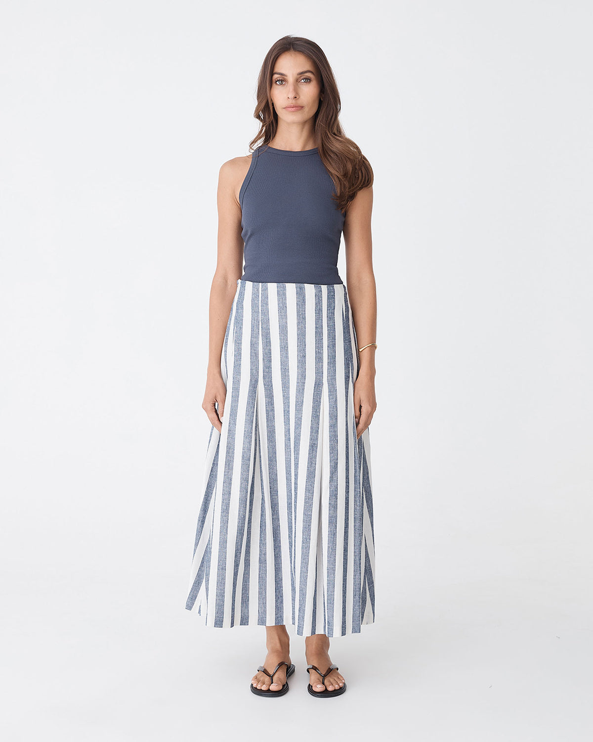 Ikaria Linen Blend Midi Skirt in blue stripe — full-length view