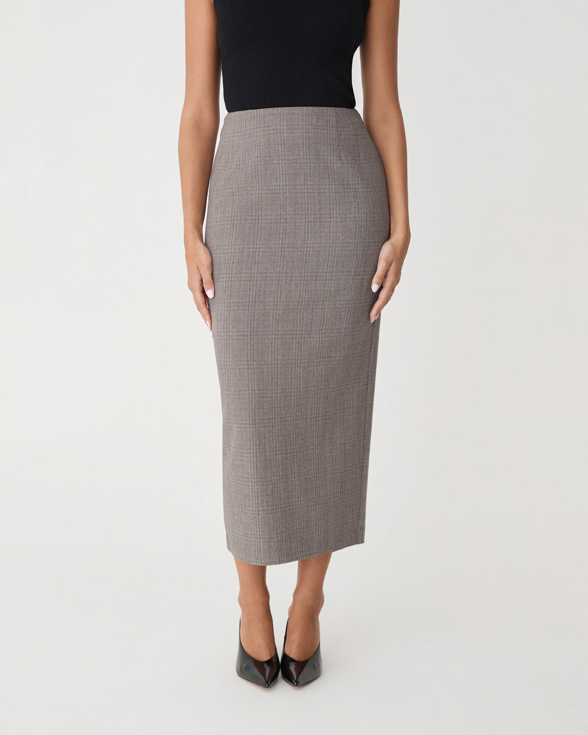 Loretta Midi Pencil Skirt in latte check — close-up view