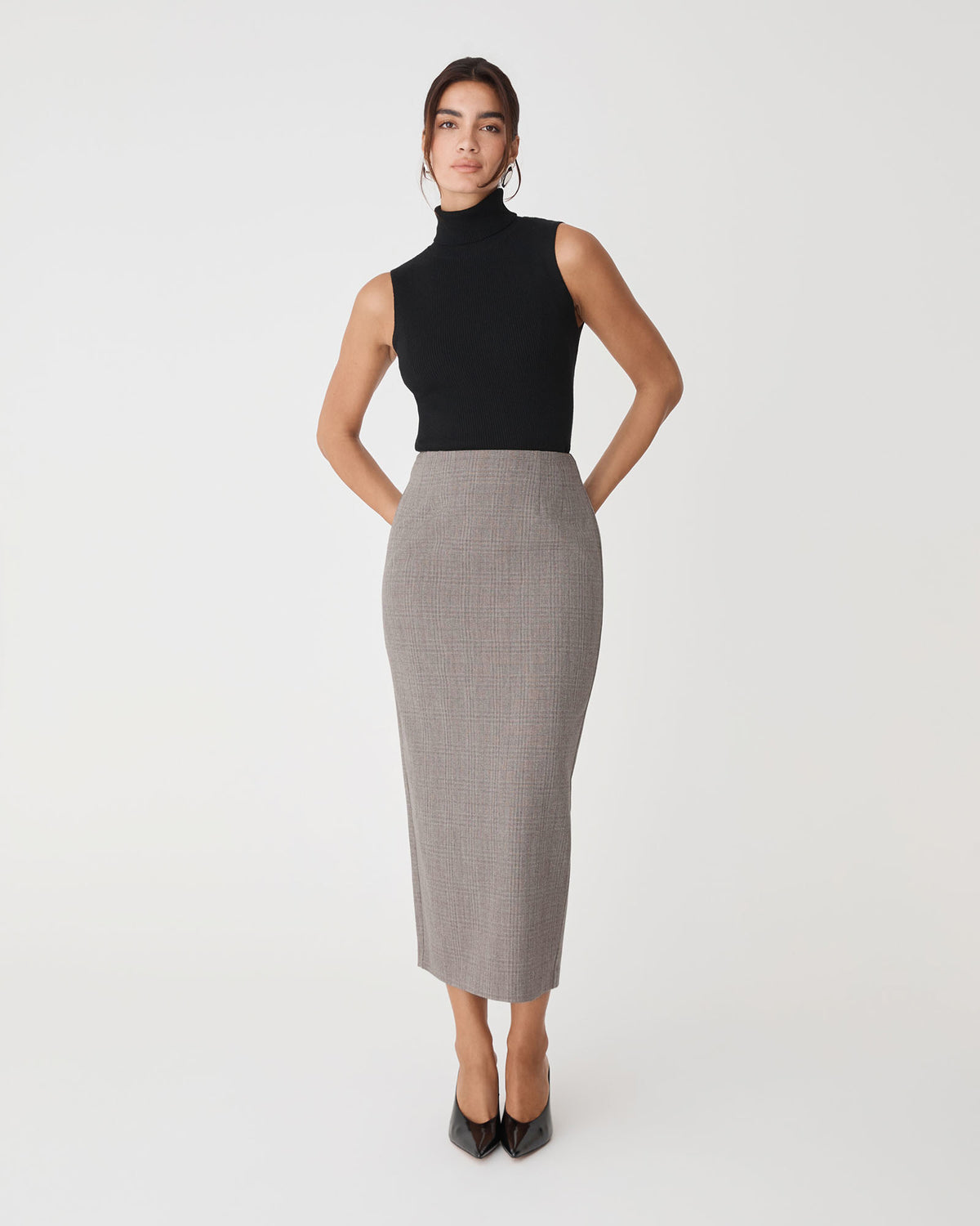 Loretta Midi Pencil Skirt in latte check — full-length view